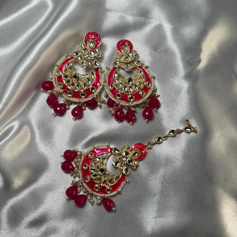 Kundan Enamel Chandbali Long Earrings with Maang Tikka In Red