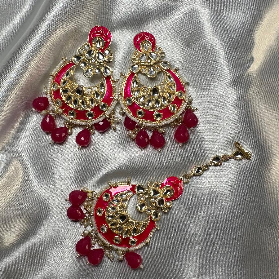 Kundan Enamel Chandbali Long Earrings with Maang Tikka In Red