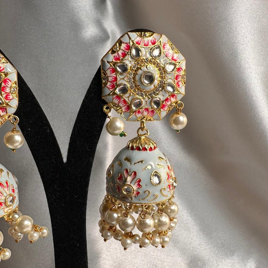 Kundan Floral Enamel Jhumka Earrings In Light Blue