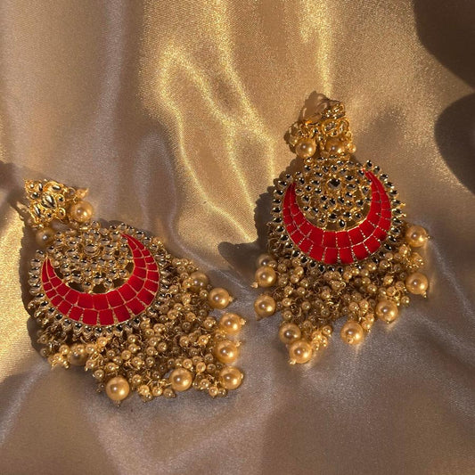 Kundan Chandbali Dangle Long Earrings in Pink