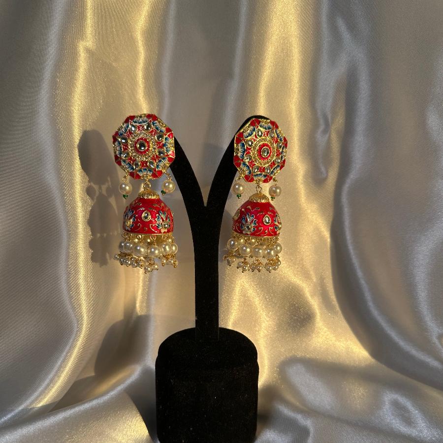 Kundan Floral Enamel Jhumka Earrings In Red