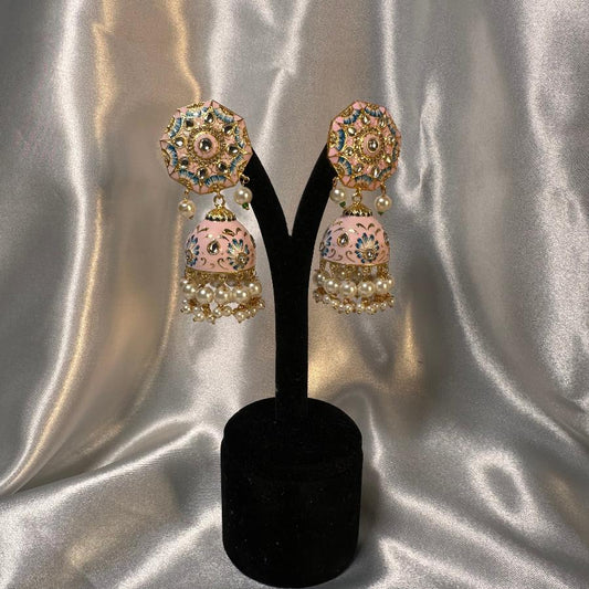 Kundan Floral Enamel Jhumka Earrings In Light Pink