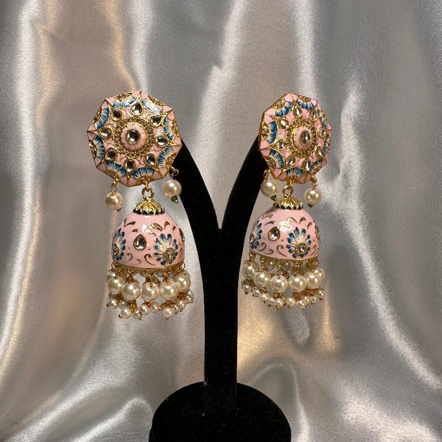 Kundan Floral Enamel Jhumka Earrings In Light Pink