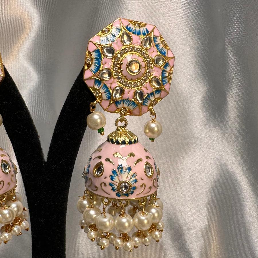 Kundan Floral Enamel Jhumka Earrings In Light Pink