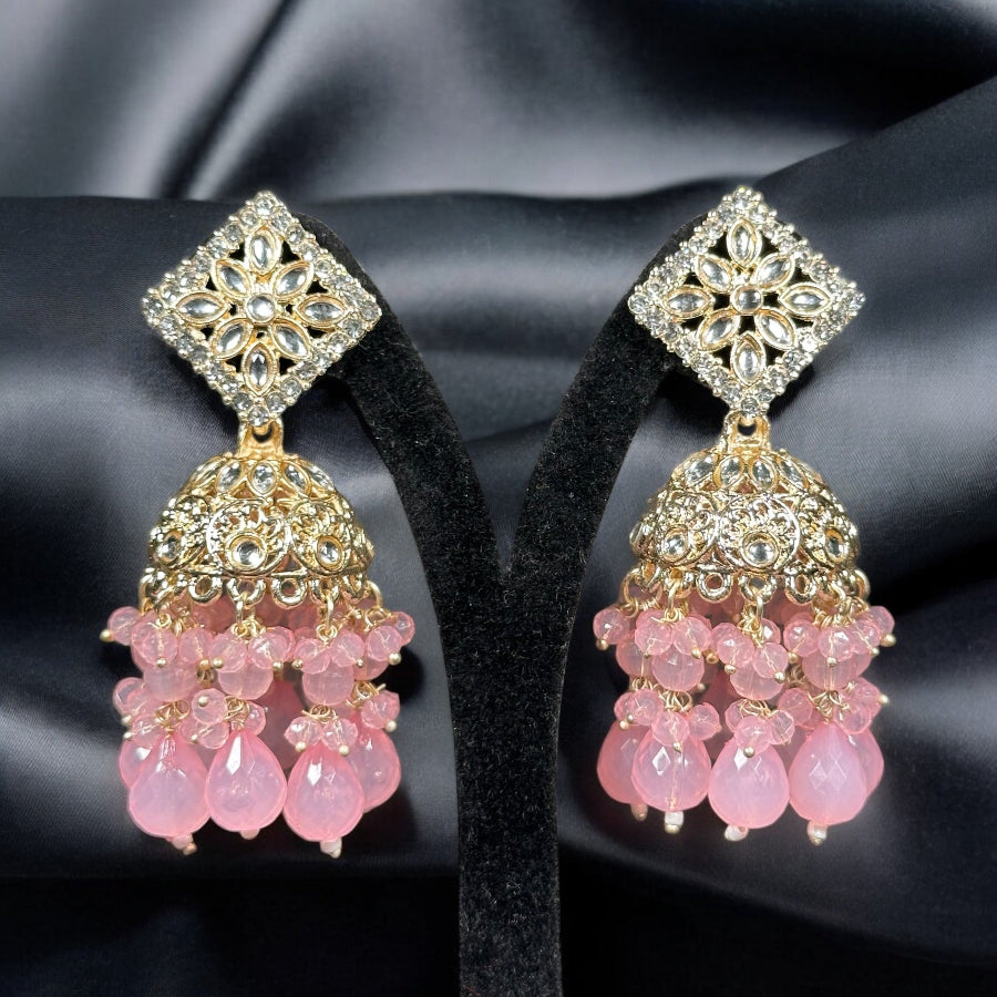 Kundan Chandelier Earrings Baby-Pink