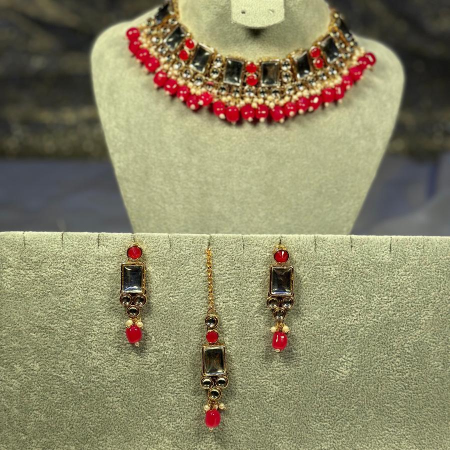 Kundan Necklace Cherry Red Set