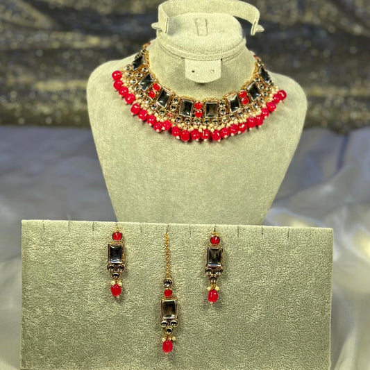 Kundan Necklace Cherry Red Set