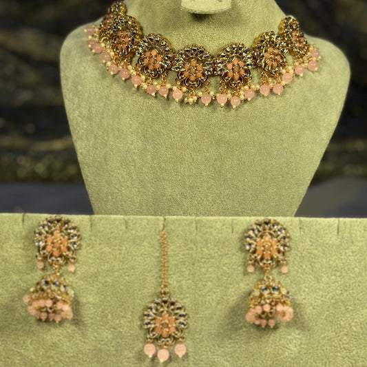 Kundan Necklace Tea-Pink Set