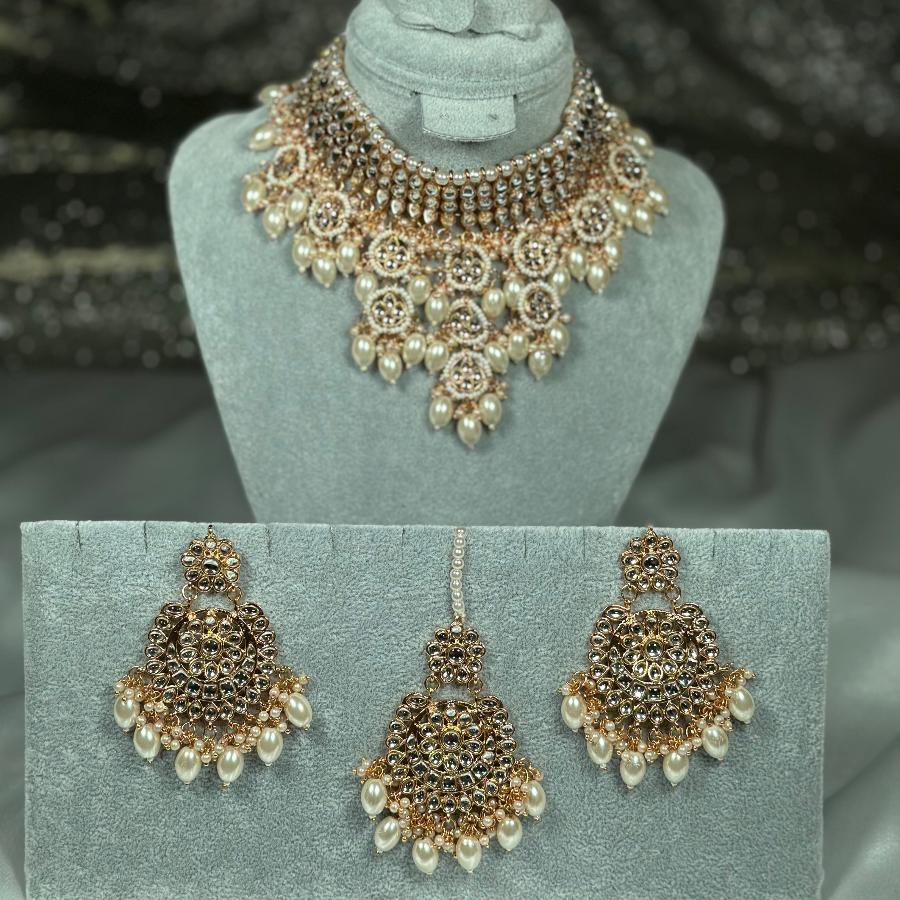 Kundan Jewellery Necklace With Jhumka Gold and White