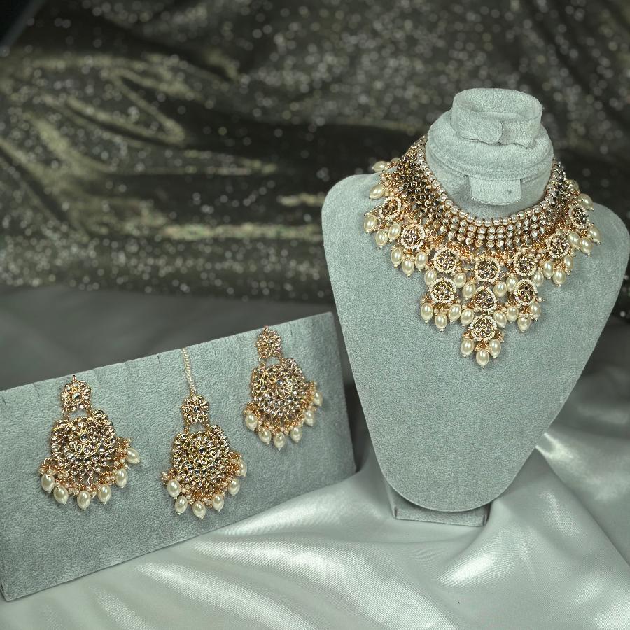 Kundan Jewellery Necklace With Jhumka Gold and White