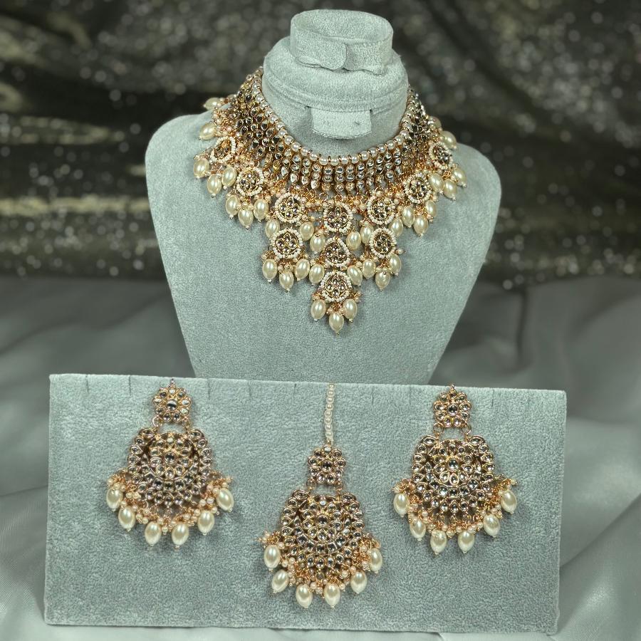 Kundan Jewellery Necklace With Jhumka Gold and White