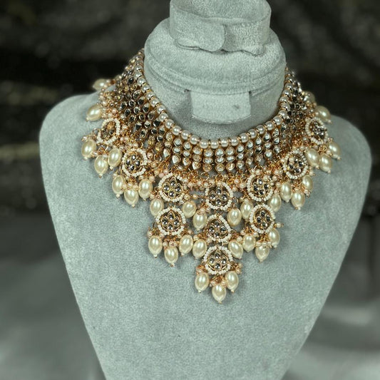 Kundan Jewellery Necklace With Jhumka Gold and White