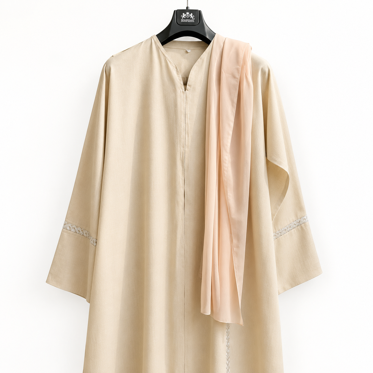 Elegant beige Abaya with pink scarf