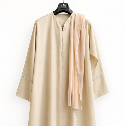 Elegant beige Abaya with pink scarf