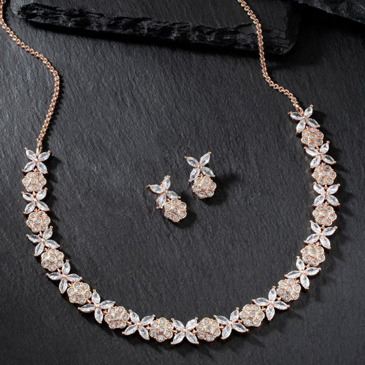 Cubic Zircon 18 Carat Necklace Set With Earrings in Rose Gold