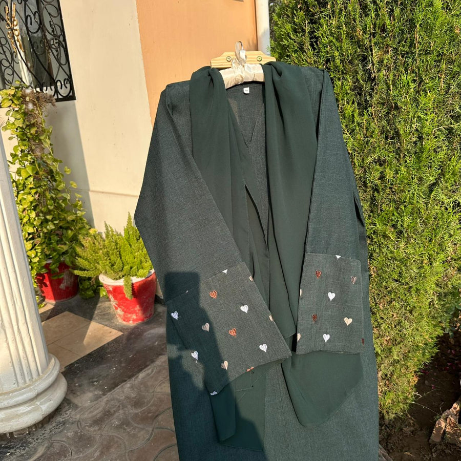 Deep Green Heart Embroidered Abaya