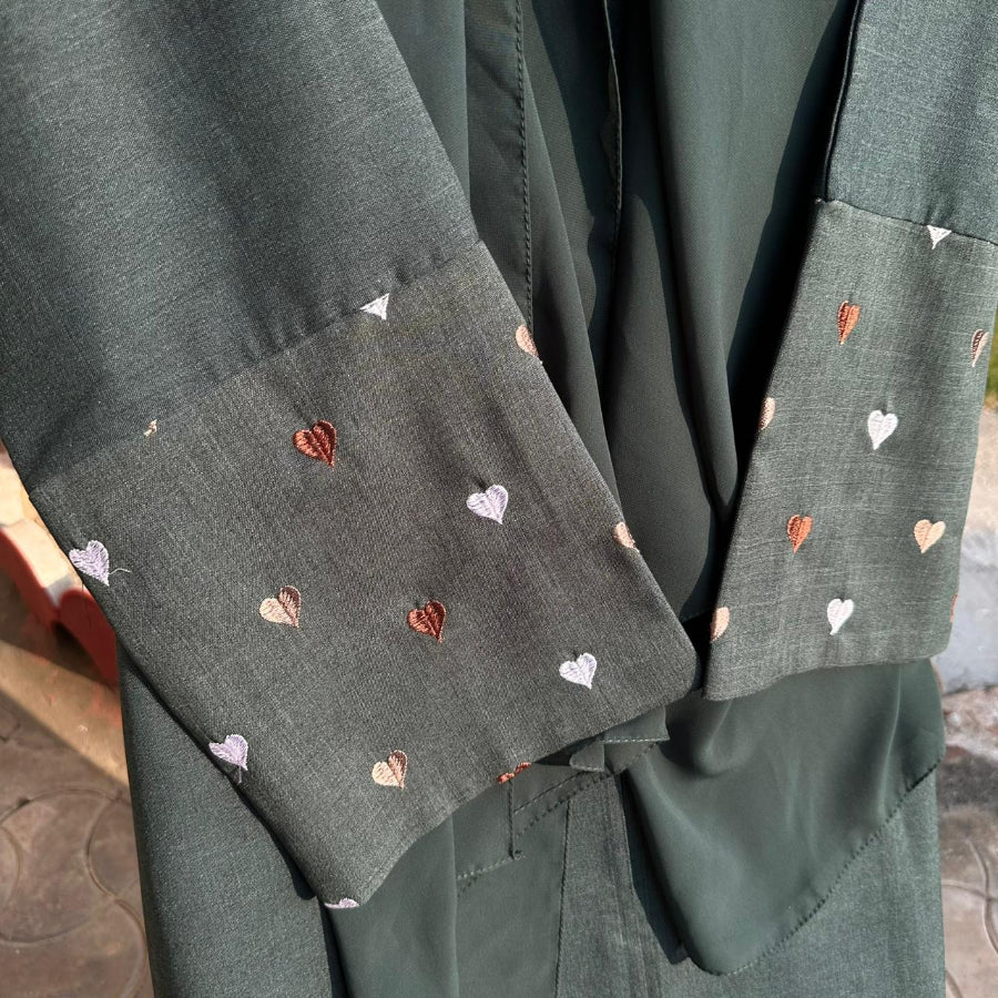 Deep Green Heart Embroidered Abaya