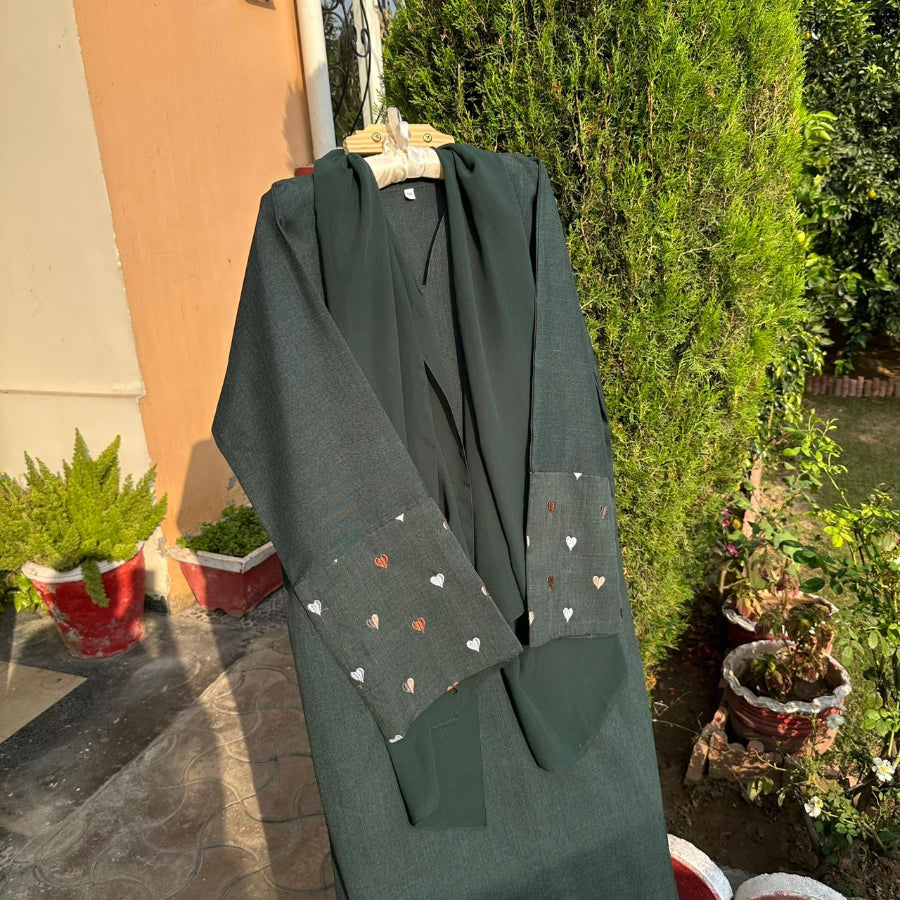 Deep Green Heart Embroidered Abaya
