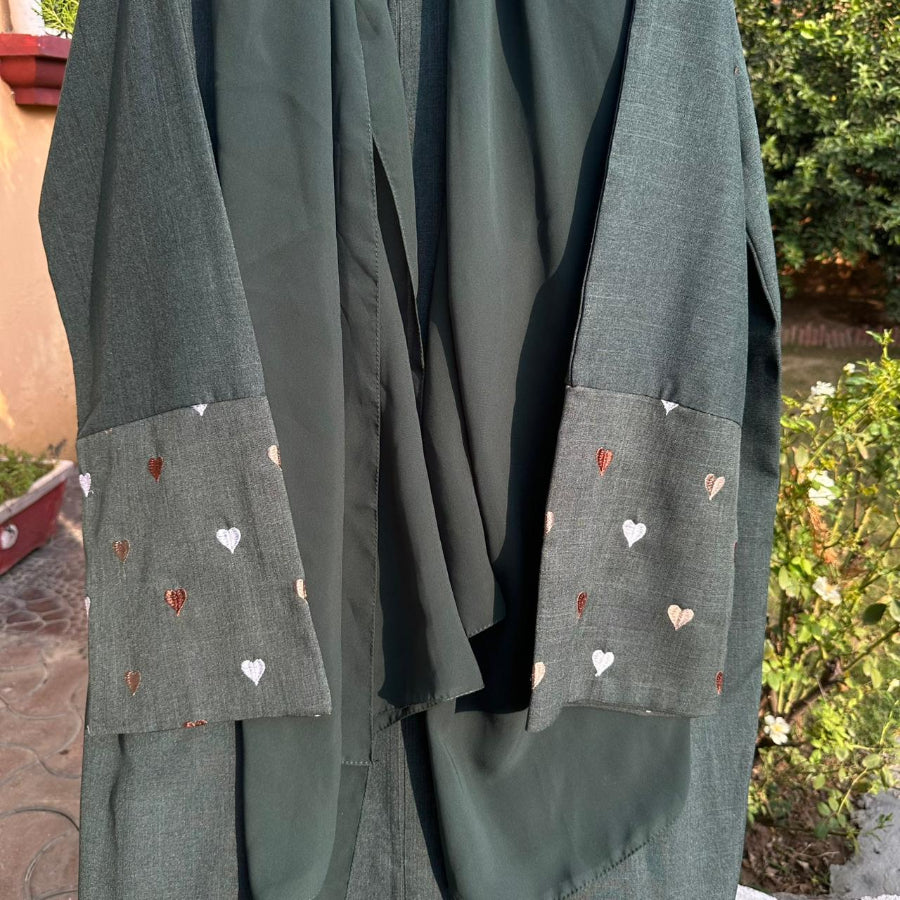 Deep Green Heart Embroidered Abaya