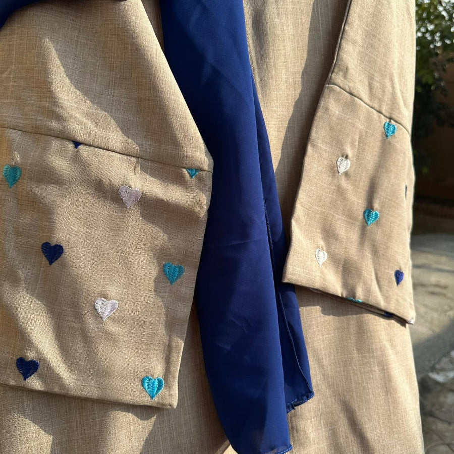 Heart Embroidered Abaya with Navy Blue Scarf