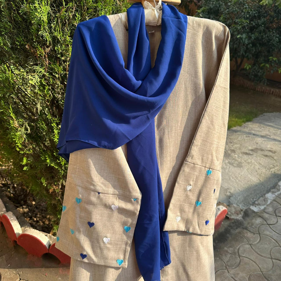 Heart Embroidered Abaya with Navy Blue Scarf