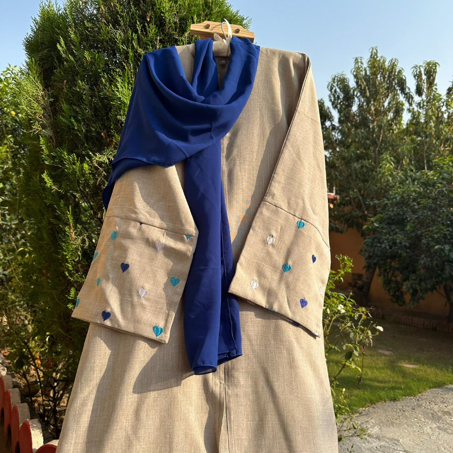 Heart Embroidered Abaya with Navy Blue Scarf