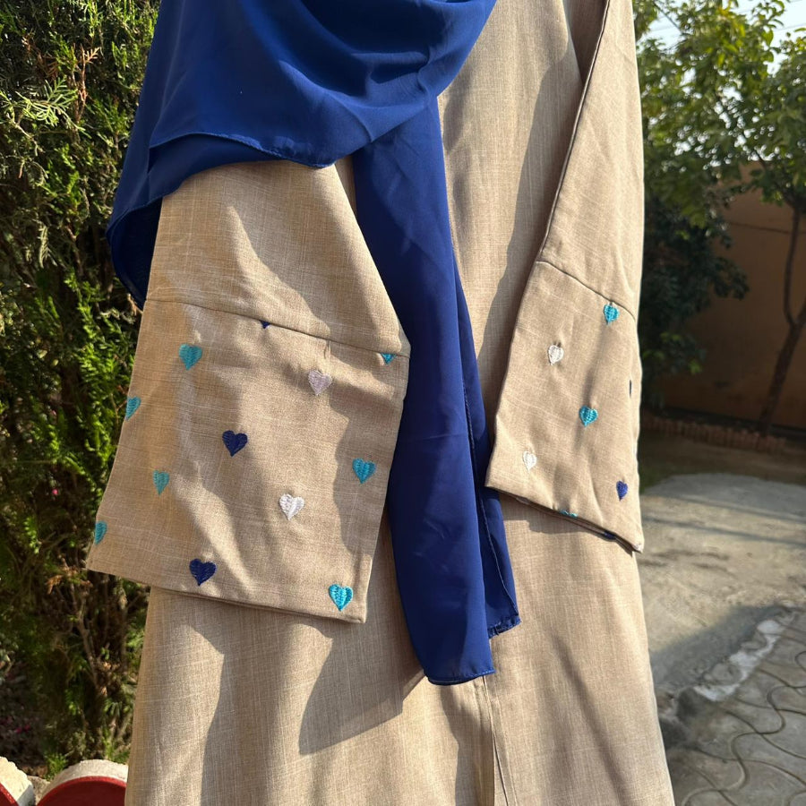 Heart Embroidered Abaya with Navy Blue Scarf