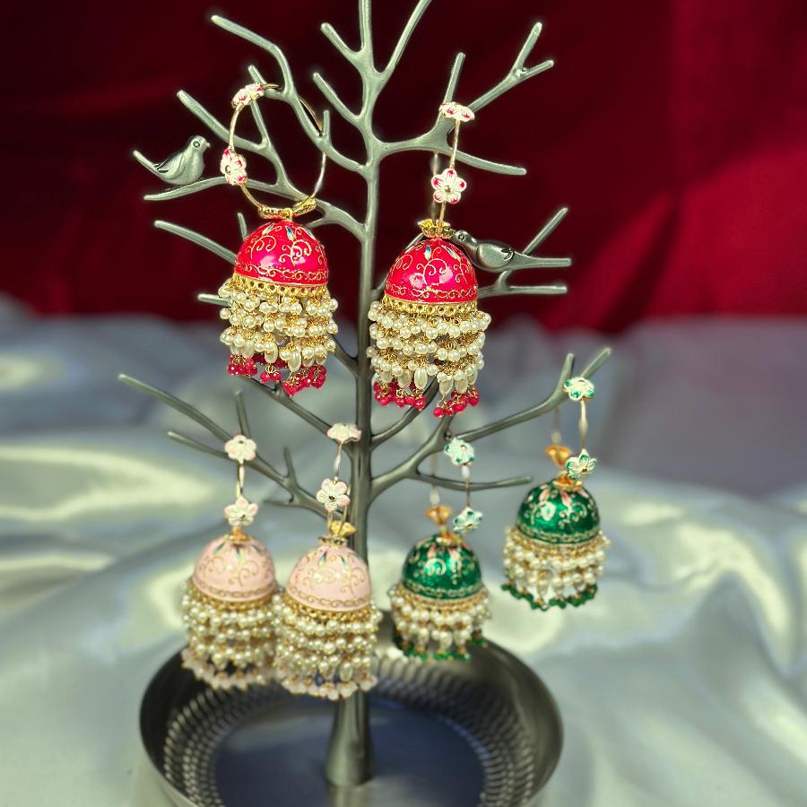 Jhumkay Earrings Enamel With Pearl in Red, Green and Tea-pink