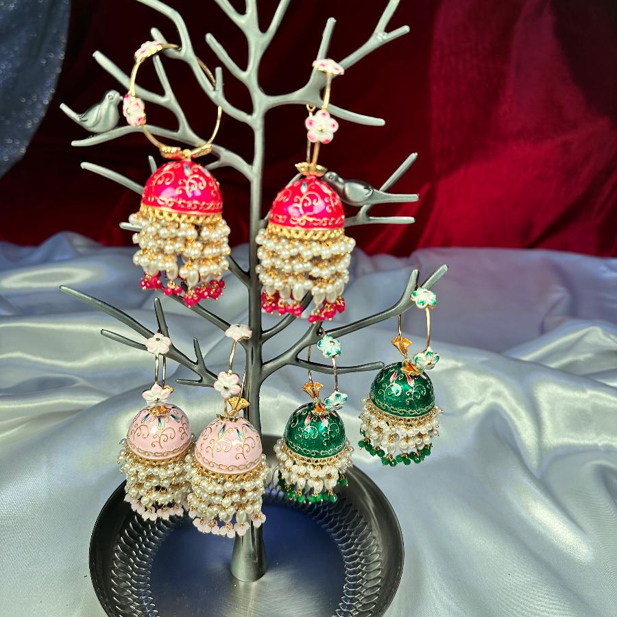 Jhumkay Earrings Enamel With Pearl in Red, Green and Tea-pink