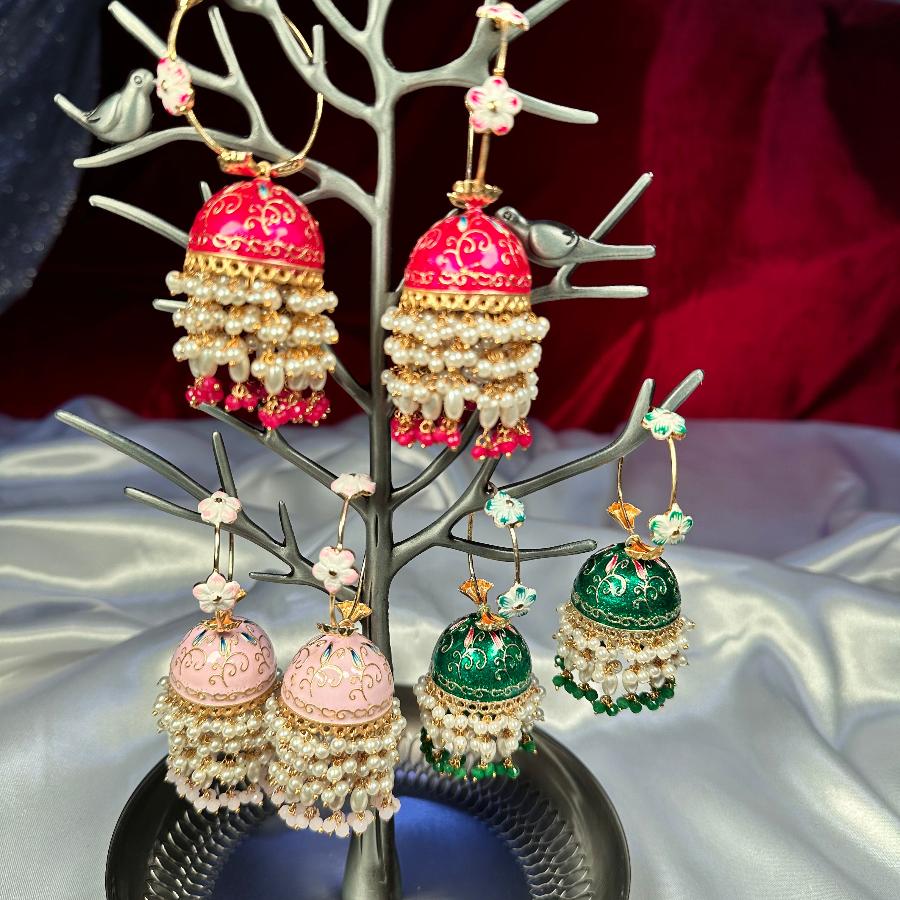 Jhumkay Earrings Enamel With Pearl in Red, Green and Tea-pink