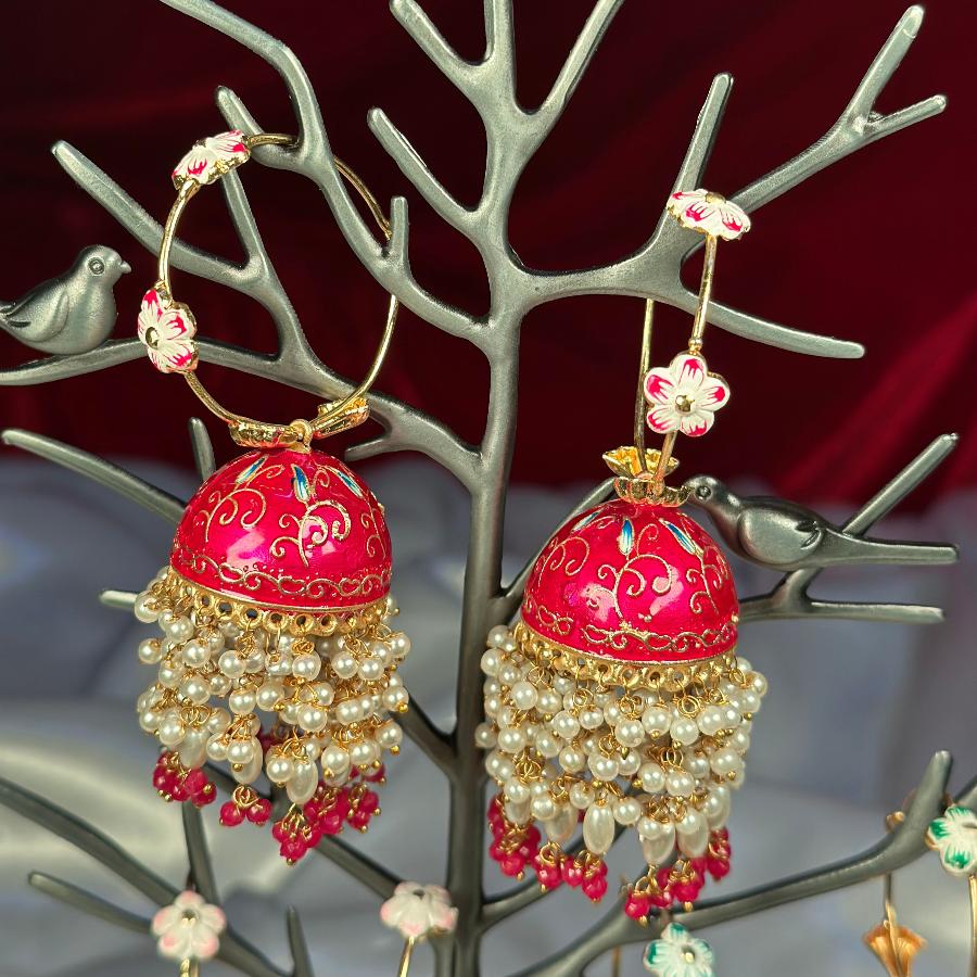 Jhumkay Earrings Enamel With Pearl in Red, Green and Tea-pink