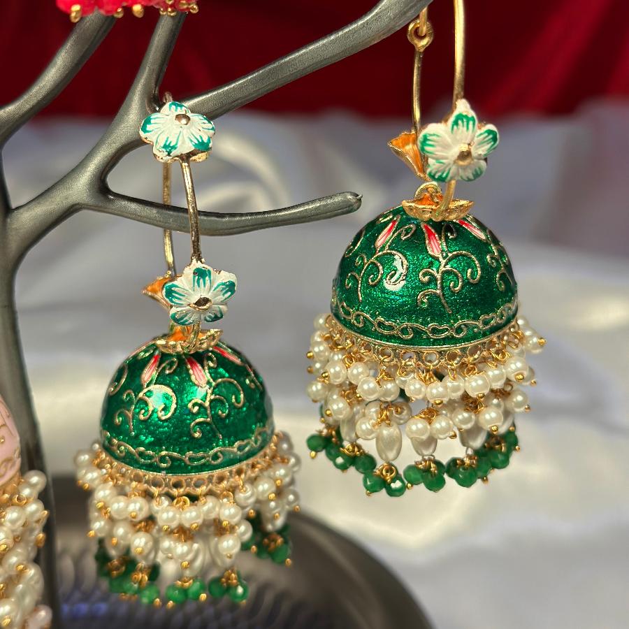 Jhumkay Earrings Enamel With Pearl in Red, Green and Tea-pink