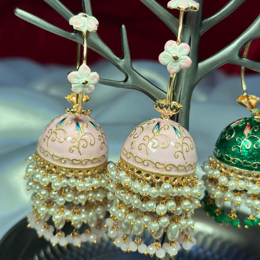 Jhumkay Earrings Enamel With Pearl in Red, Green and Tea-pink