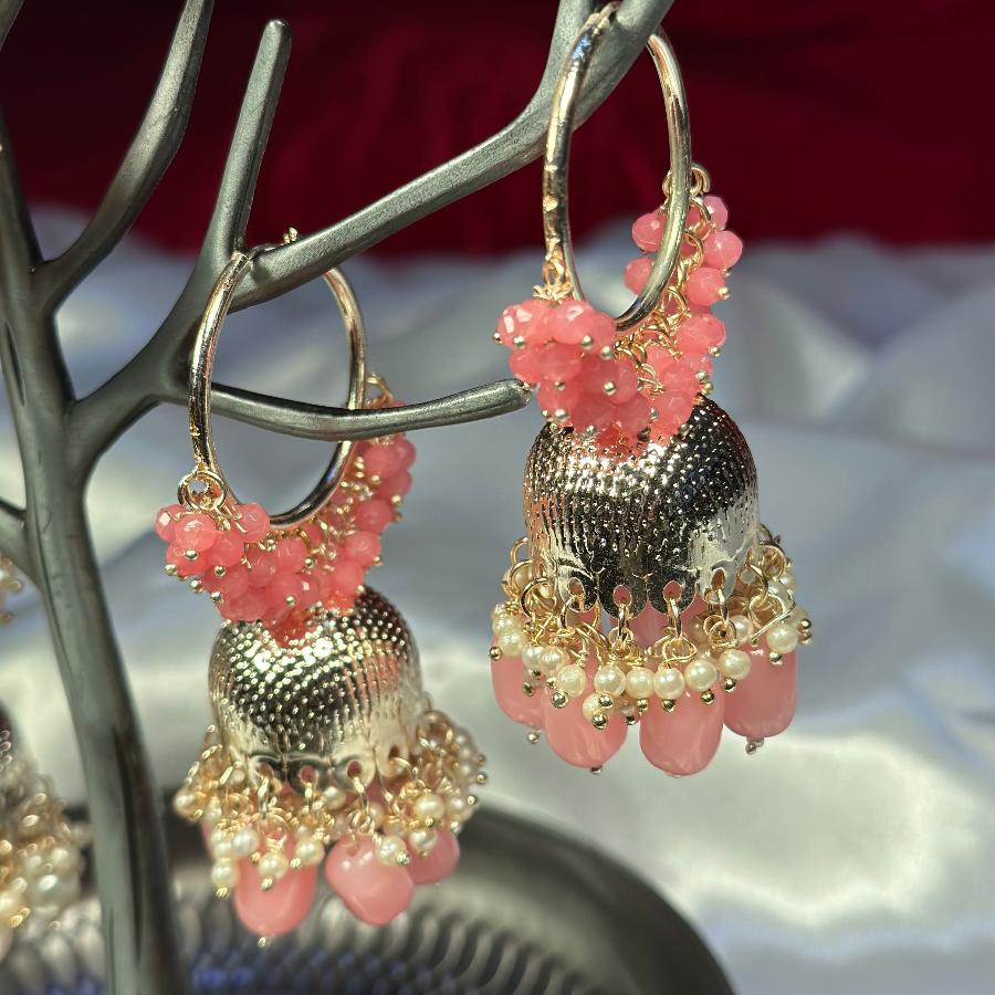 Jhumkay Earrings Metalic Style in (Peach, Pink & White)