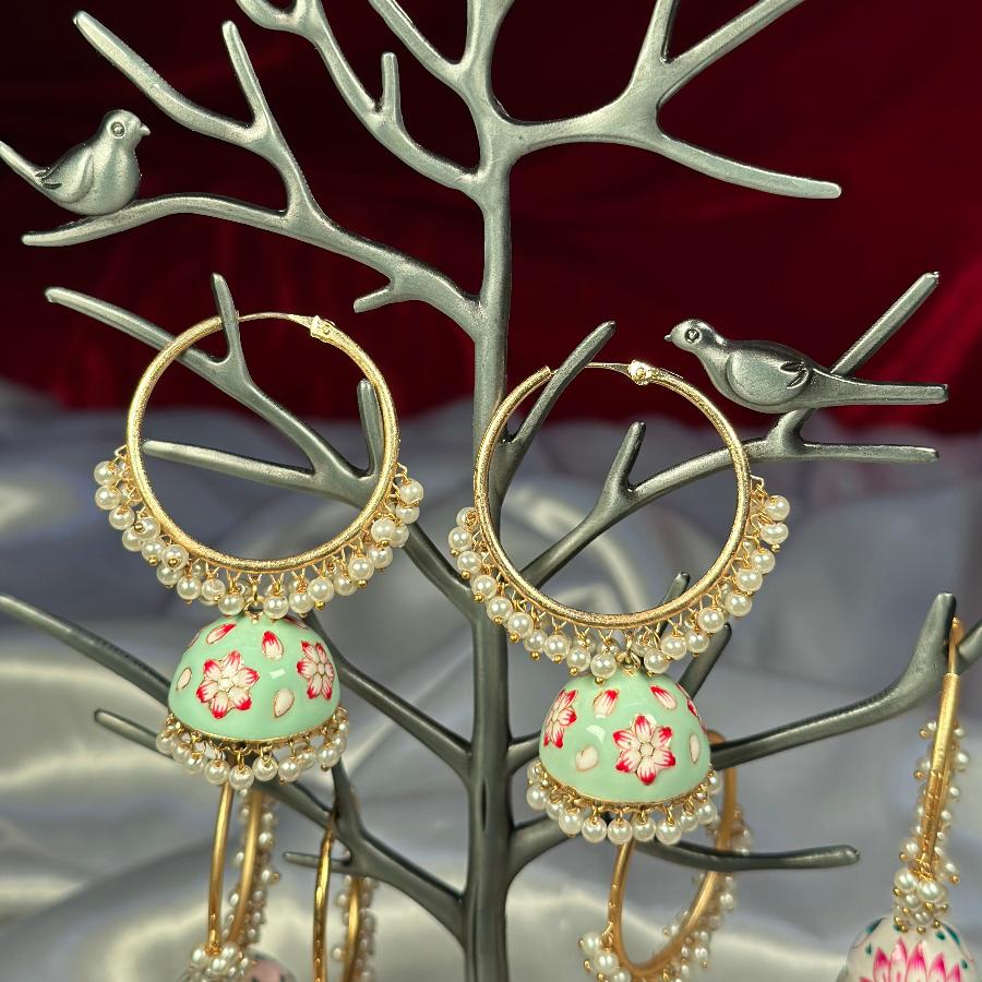 Jhumkay Floral Enamel (White, Tea Green & Tea Pink)