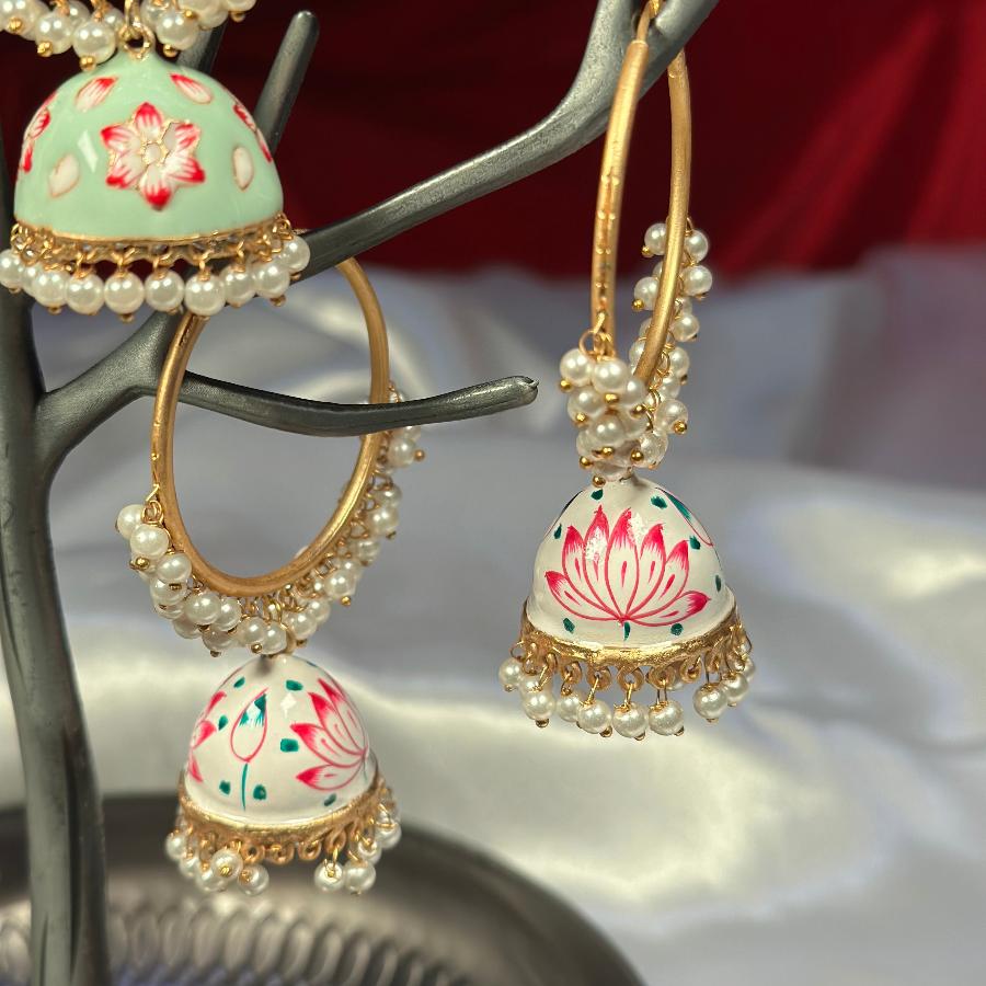 Jhumkay Floral Enamel (White, Tea Green & Tea Pink)