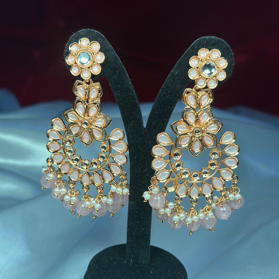 Earrings Kundan Studded in Tea Pink