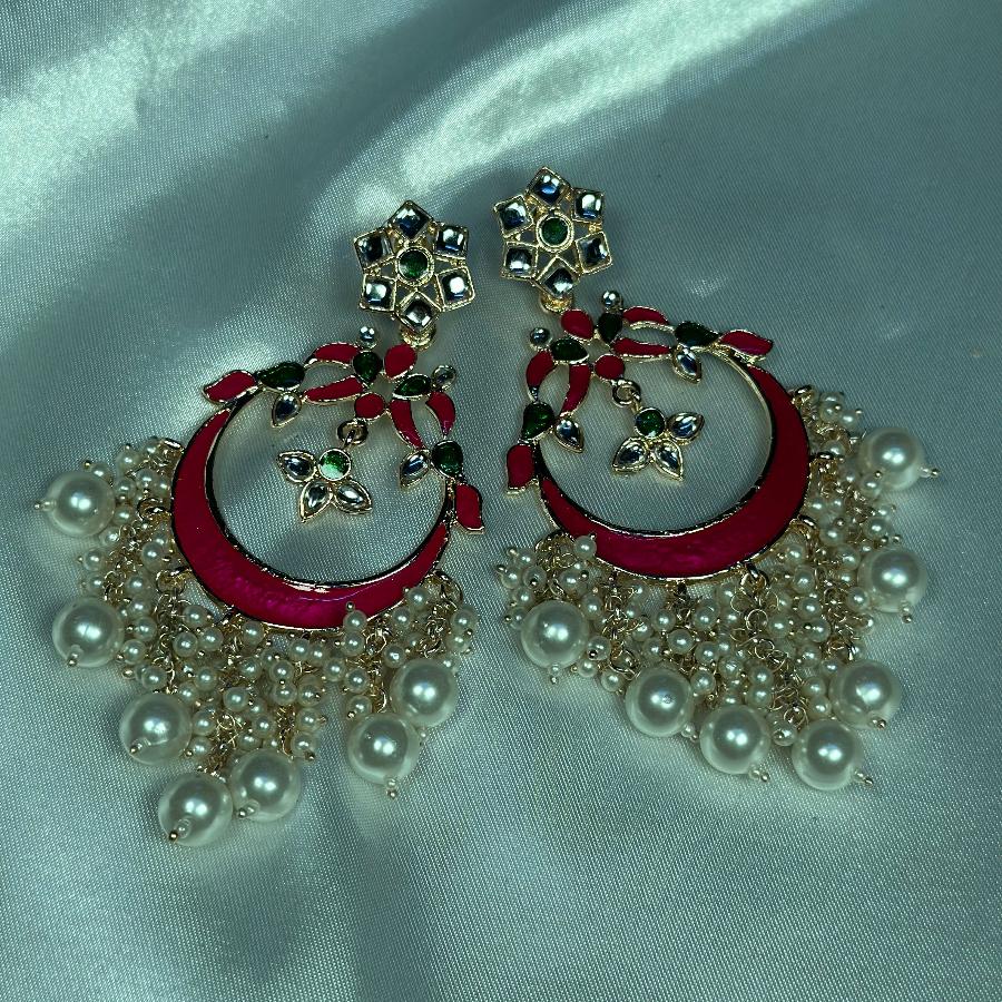 Kundan Chandbali Dangle Long Earrings in Pink