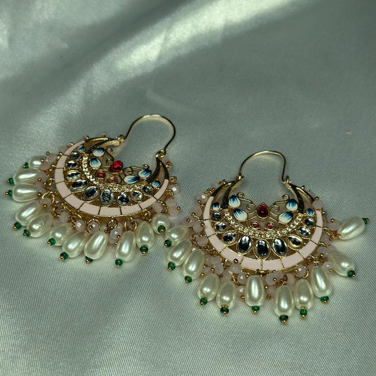 Kundan Floral Enamel, Pearl & Chandbali Dangle Earrings Teapink