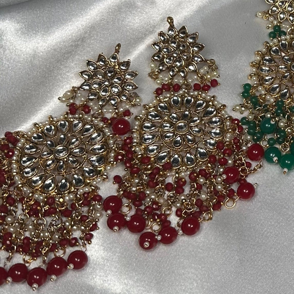 Kundan Studded Beaded Chandelier Classic Drop Earrings Red, Green, Blue, Marron & Pink