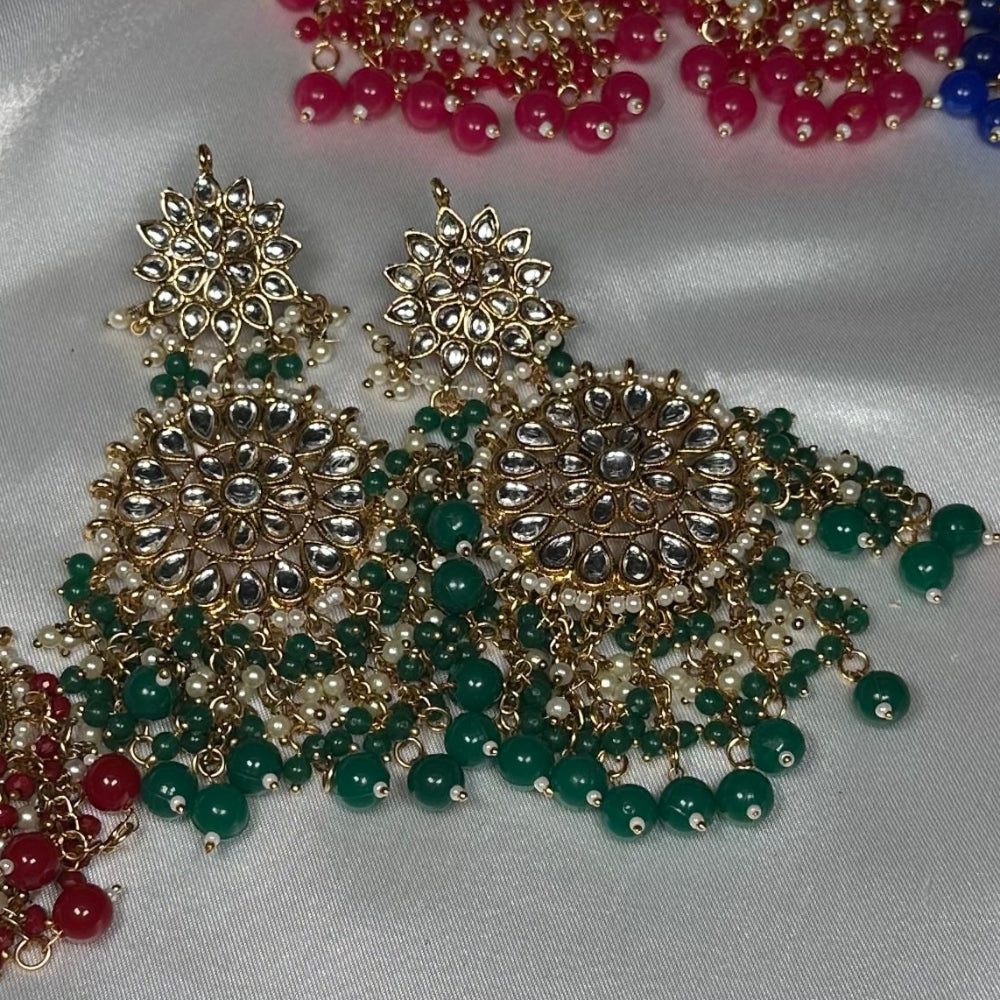 Kundan Studded Beaded Chandelier Classic Drop Earrings Red, Green, Blue, Marron & Pink