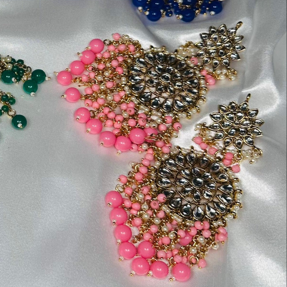 Kundan Studded Beaded Chandelier Classic Drop Earrings Red, Green, Blue, Marron & Pink