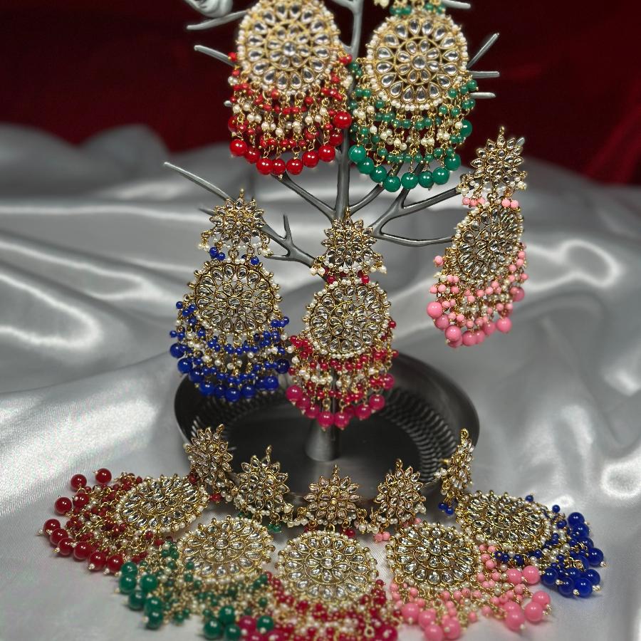 Kundan Studded Beaded Chandelier Classic Drop Earrings Red, Green, Blue, Marron & Pink