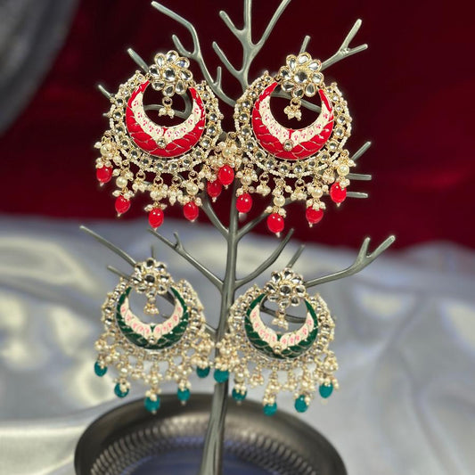 Kundan Enamel Chandbali Long Earrings In Red & Green