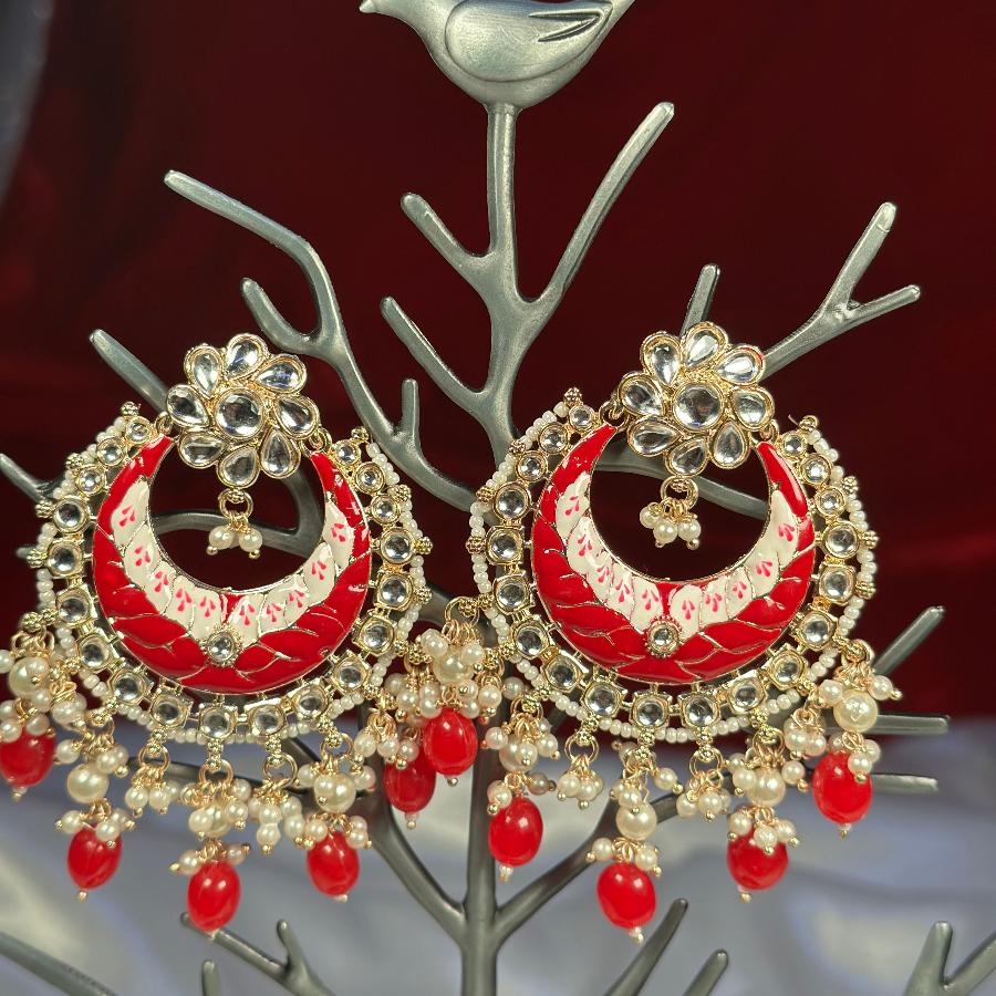 Kundan Enamel Chandbali Long Earrings In Red & Green