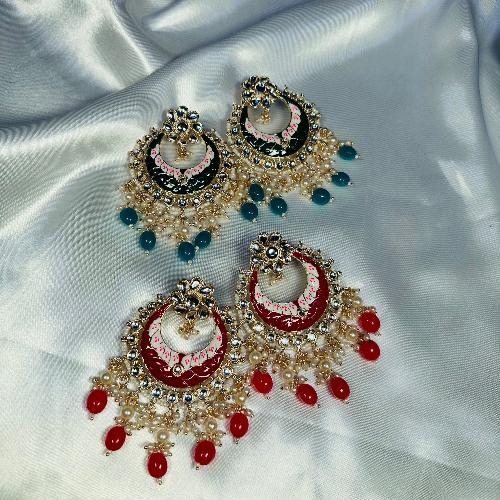 Kundan Enamel Chandbali Long Earrings In Red & Green