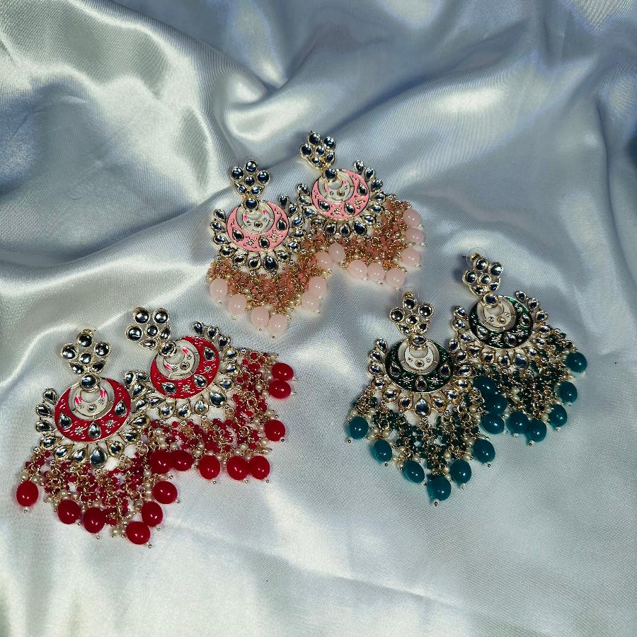 Kundan Earrings Enamel Chandbali Long Red, Teapink And Green