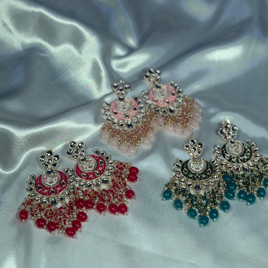 Kundan Earrings Enamel Chandbali Long Red, Teapink And Green