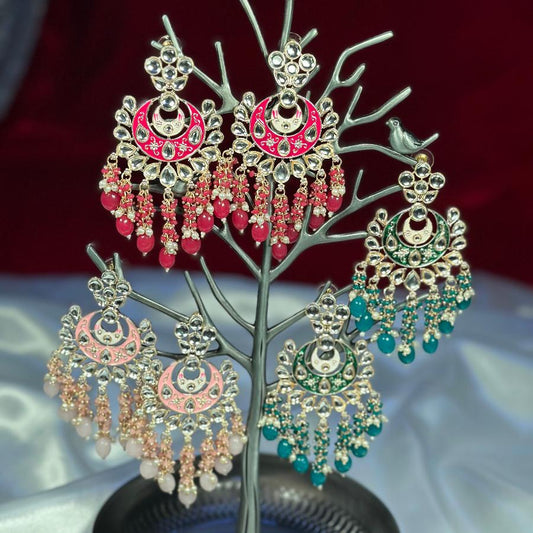 Kundan Earrings Enamel Chandbali Long Red, Teapink And Green