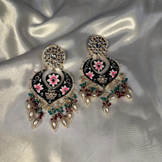 Kundan Floral Enamel Meenakari Long Earrings